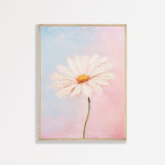 Minimal Daisy Flower Painting Art Print, Retro Decor