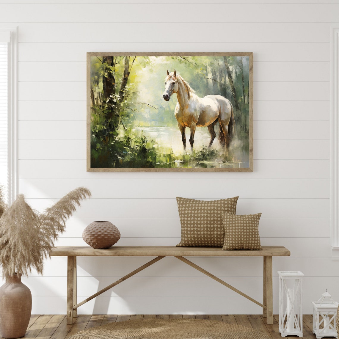 White Horse Sunlit Forest Misty Woodland Impressionist Equine Poster - Image 3
