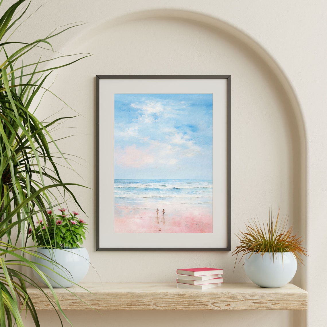 Two Figures Pink Beach Pastel Sky Minimalist Seascape Painting Poster - Image 2