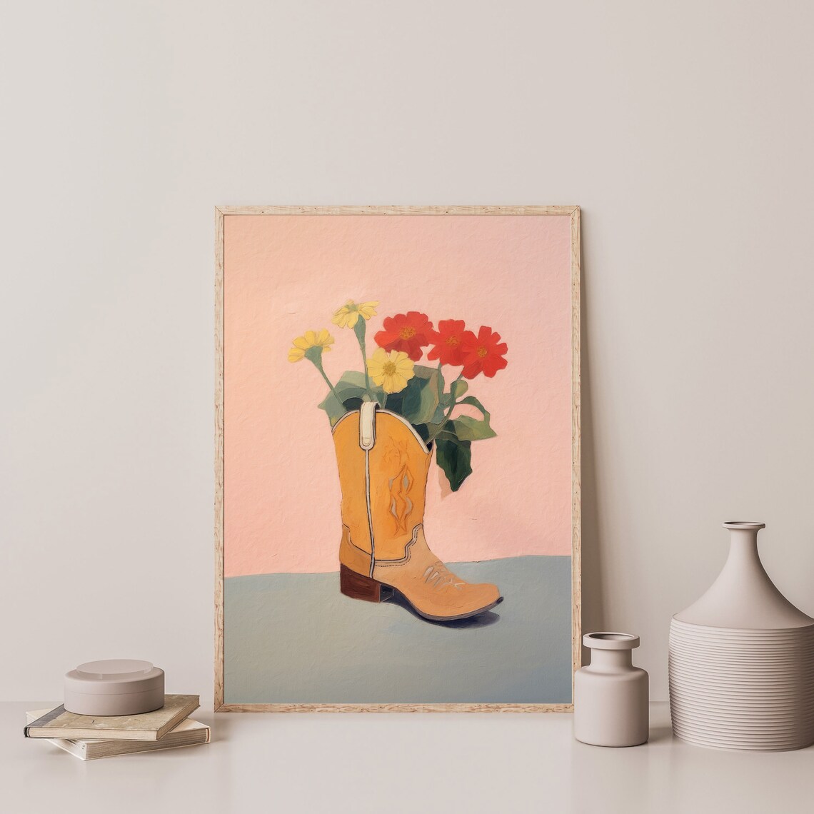 Cowboy Boot Vase with Red and Yellow Wildflowers Western Wall Art - Image 3
