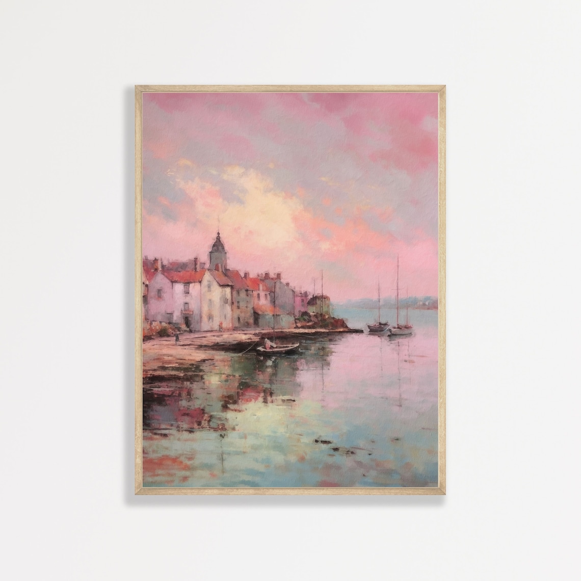 Pastel Town Painting, Pink Coastal Landscape Art Print