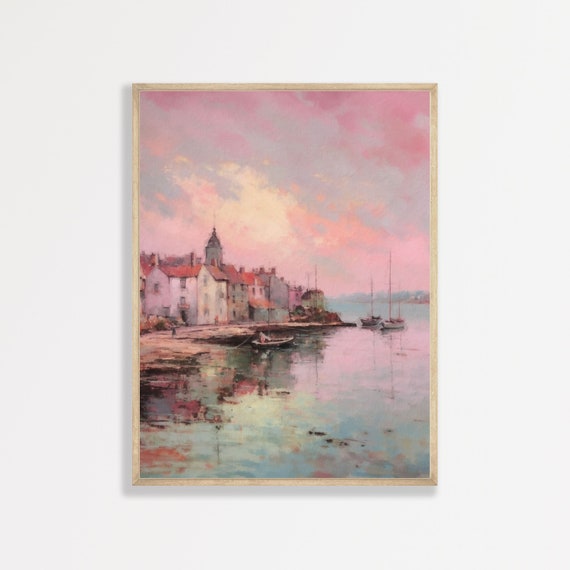 Pastel Town Painting, Pink Coastal Landscape Art Print