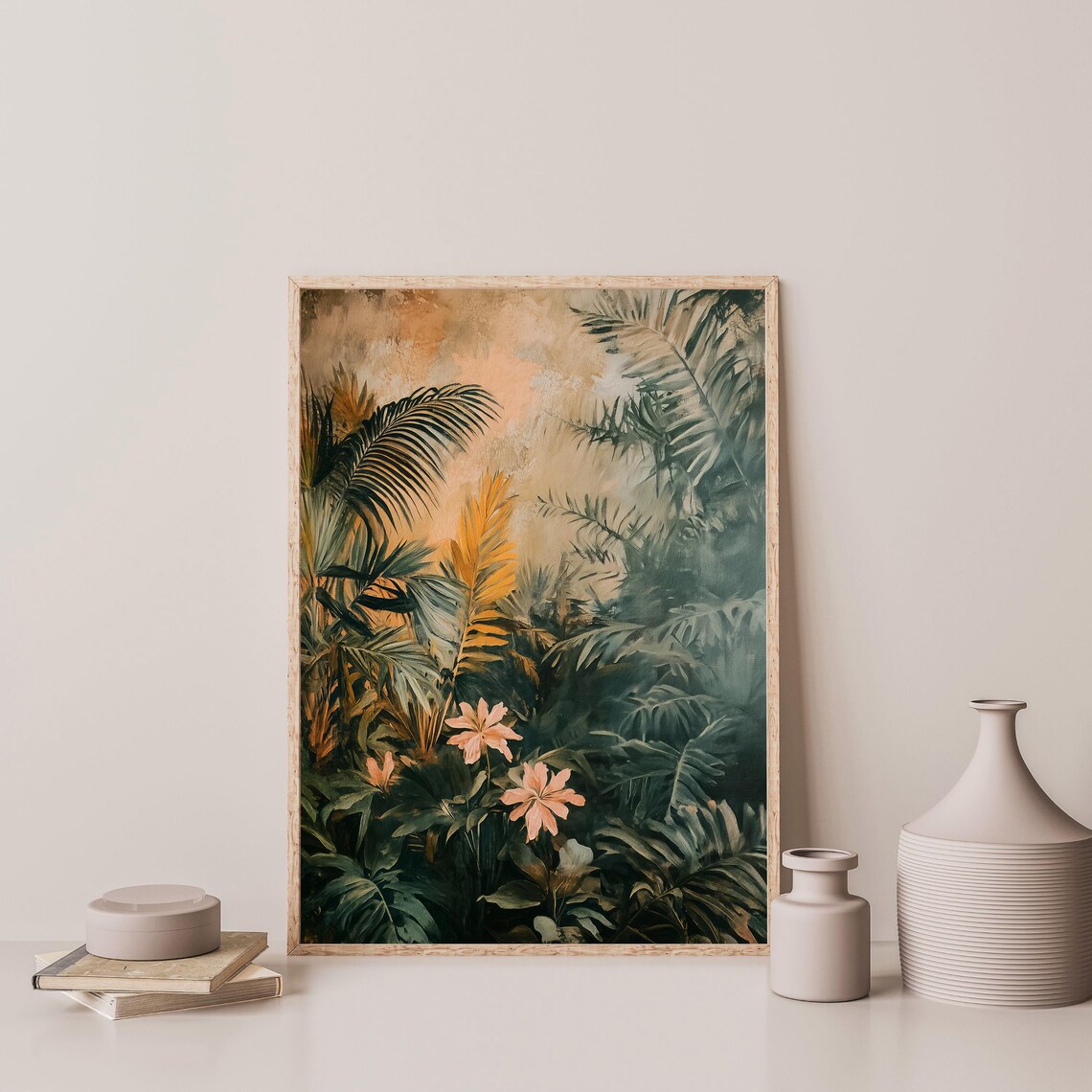 Moody Tropical Jungle Plants Pink Flowers Vintage Botanical Poster - Image 3