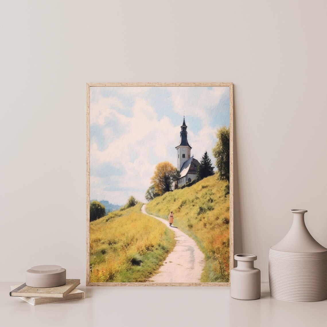 Vintage Country Church Landscape Oil Painting Art Print - Image 3