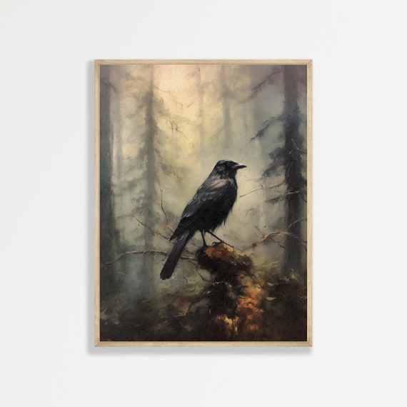 Crow Vintage Oil-Painting Style Art Print, Dark Academia