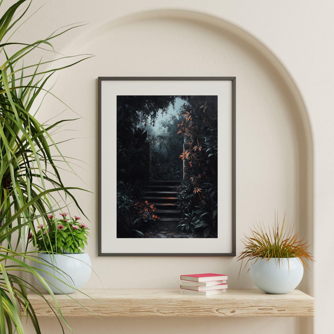 Dark Garden Stone Stairs At Night Moody Botanical Landscape Poster - Image 2