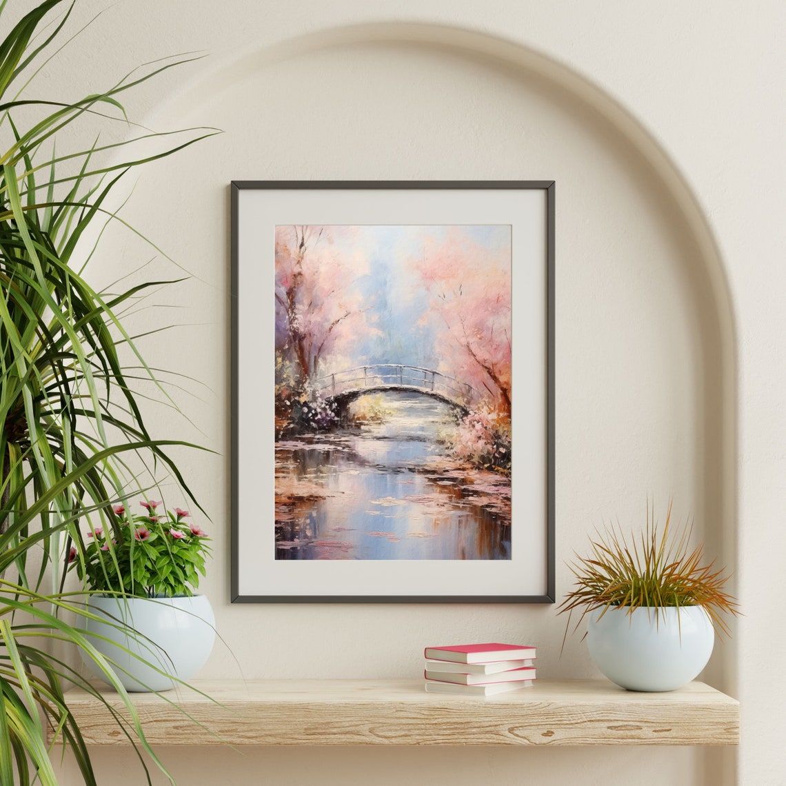 Cherry Blossom Bridge Pink Trees Spring Pond Vintage Landscape Poster - Image 2
