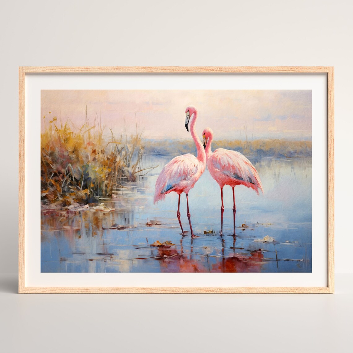 Pink Flamingos Shallow Water Lake Impressionist Bird Painting Poster - Image 3