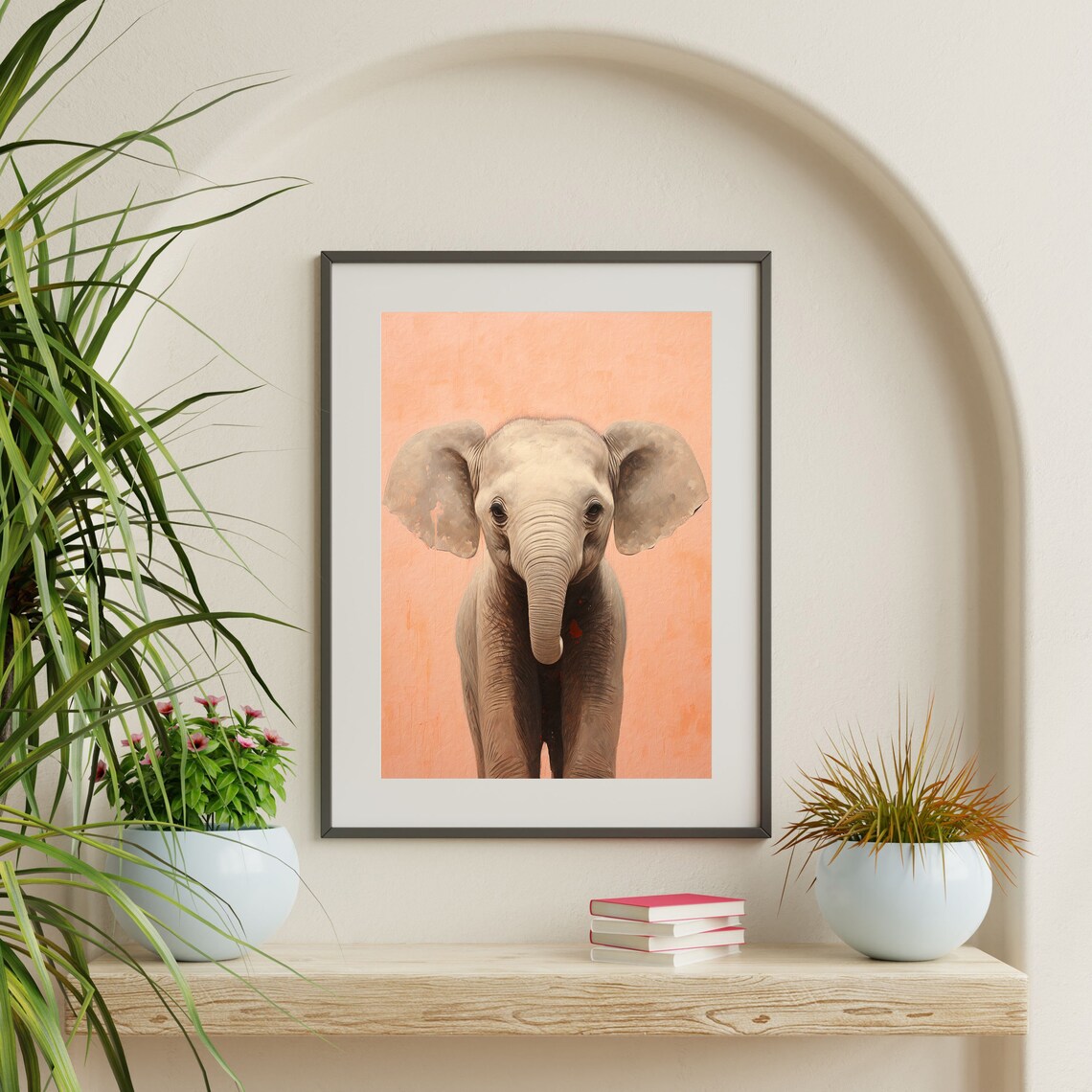 Baby Elephant Portrait Peach Background Cute Nursery Safari Animal Poster - Image 2
