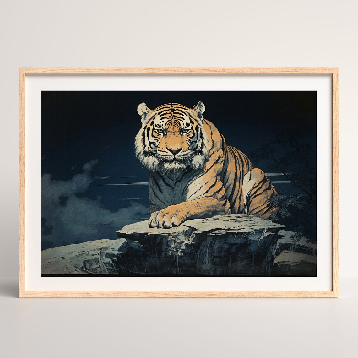 Tiger Resting On Rock Dark Night Woodblock Japanese Wildlife Print - Image 2