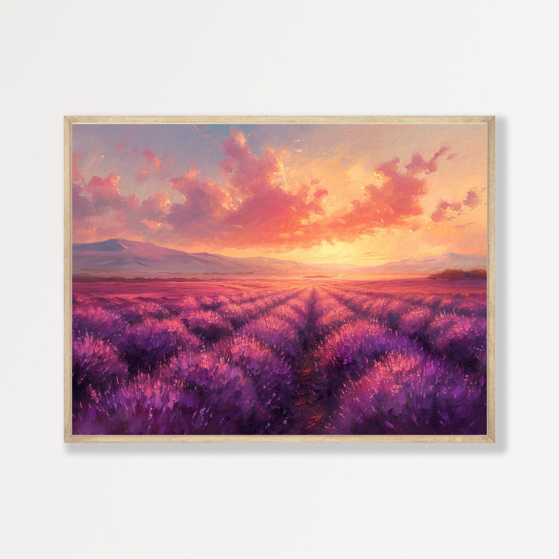 Lavender Field Sunset Purple Rows Mountain Horizon Travel Poster