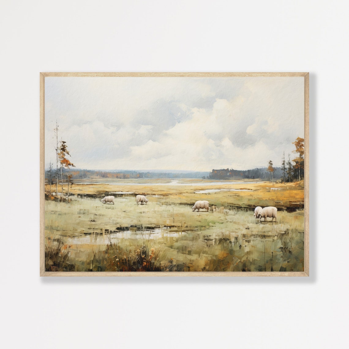 Sheep Grazing in a Misty Green Meadow Vintage Pastoral Wall Art