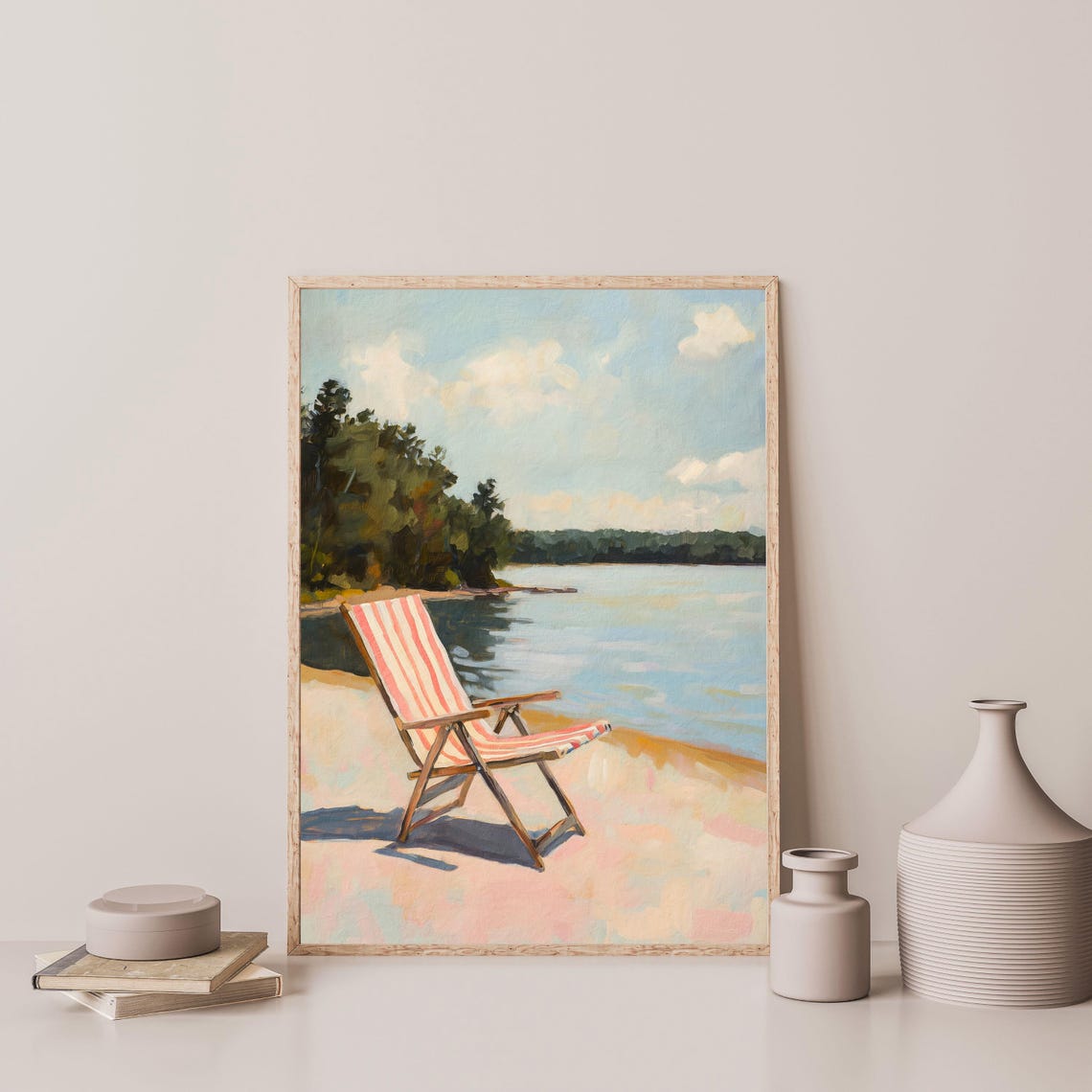 Vintage Striped Beach Chair Quiet Lake Shore Summer Wall Art - Image 3