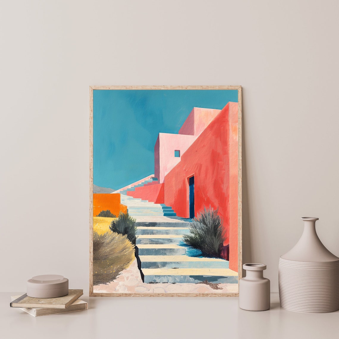 Coral Stairway Red Adobe Walls Turquoise Sky Bold Modern Art Poster - Image 3