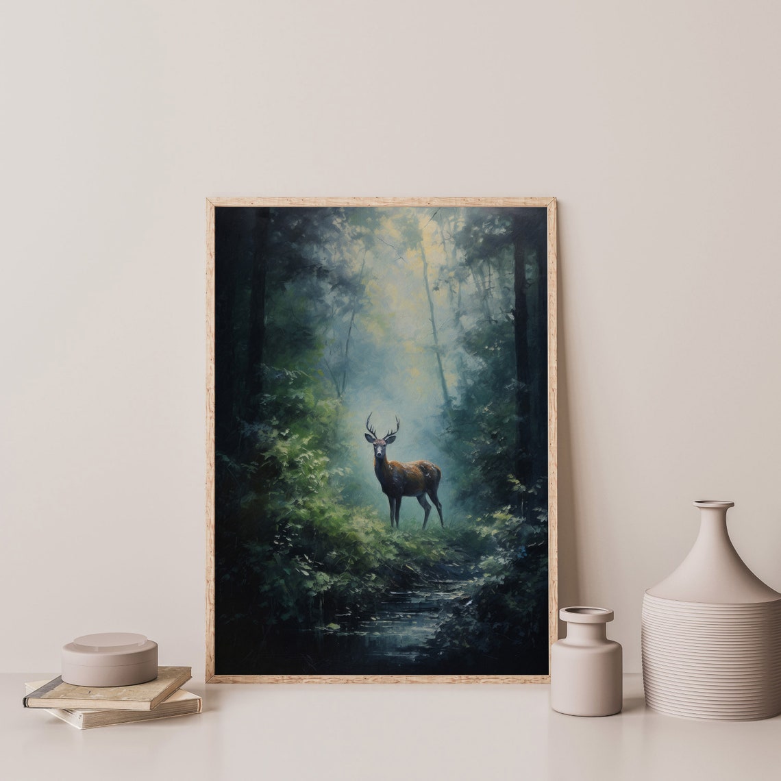 Majestic Stag Misty Dark Forest Stream Vintage Wildlife Wall Art - Image 3