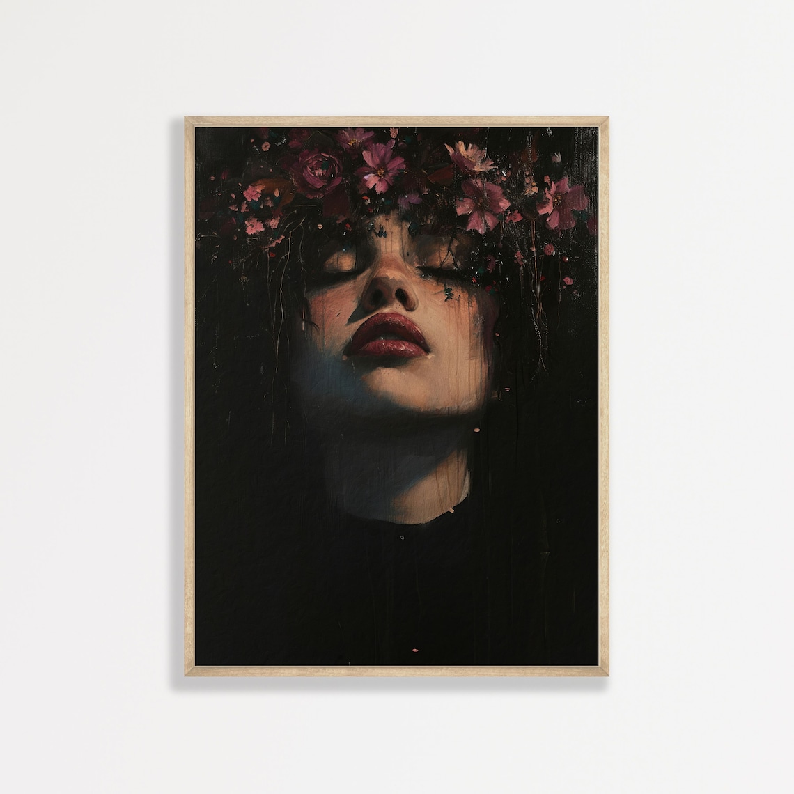 Dark Moody Woman Portrait Pink Flowers Gothic Dramatic Oil Wall Art Print