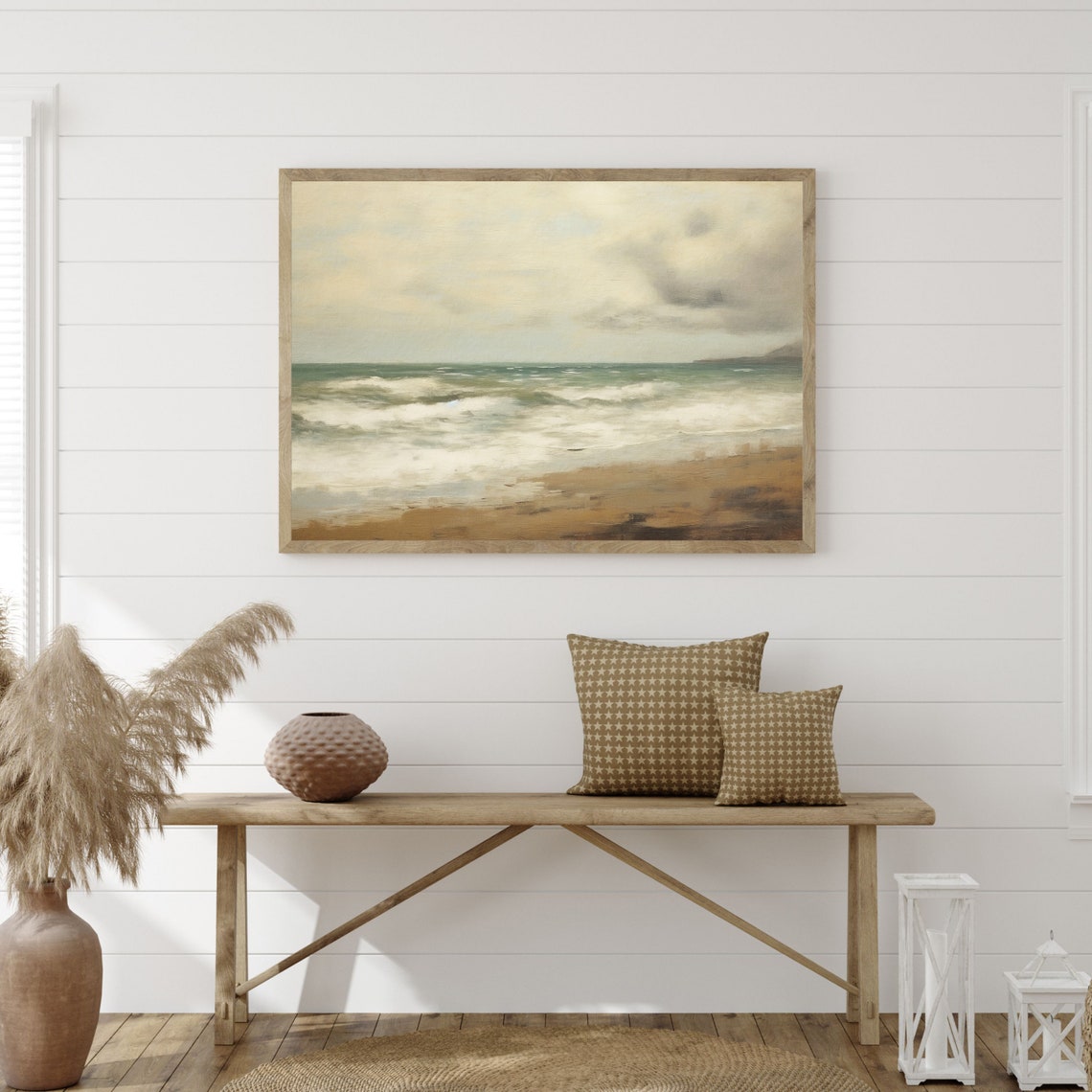 Moody Ocean Wall Art Vintage Beach Oil Painting Rustic Coastal Decor Neutral Seascape Print P 823 - Image 3