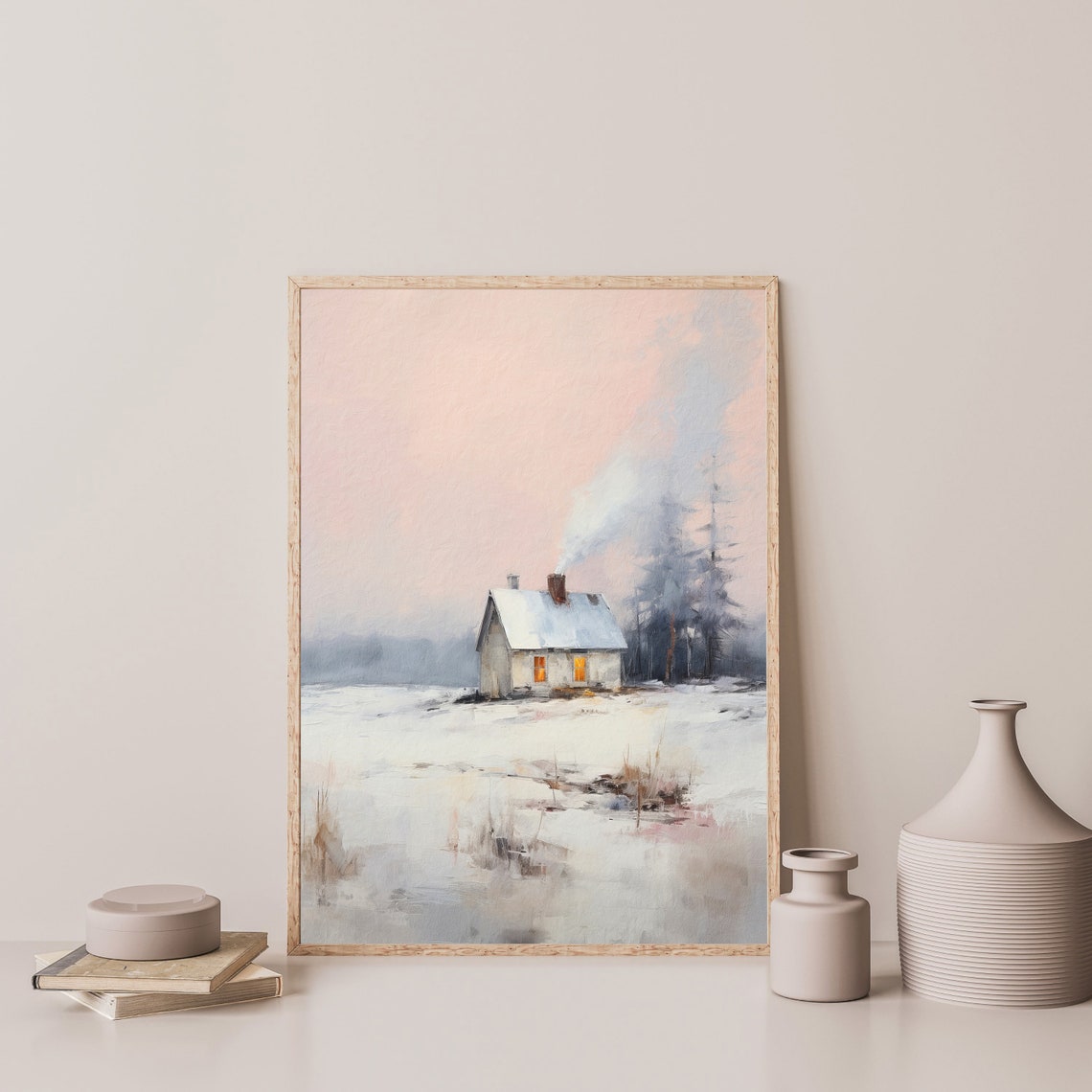 Winter Cottage Print Retro Country Landscape Painting Minimal Vintage Wall Art Farmhouse Decor P 727 - Image 3