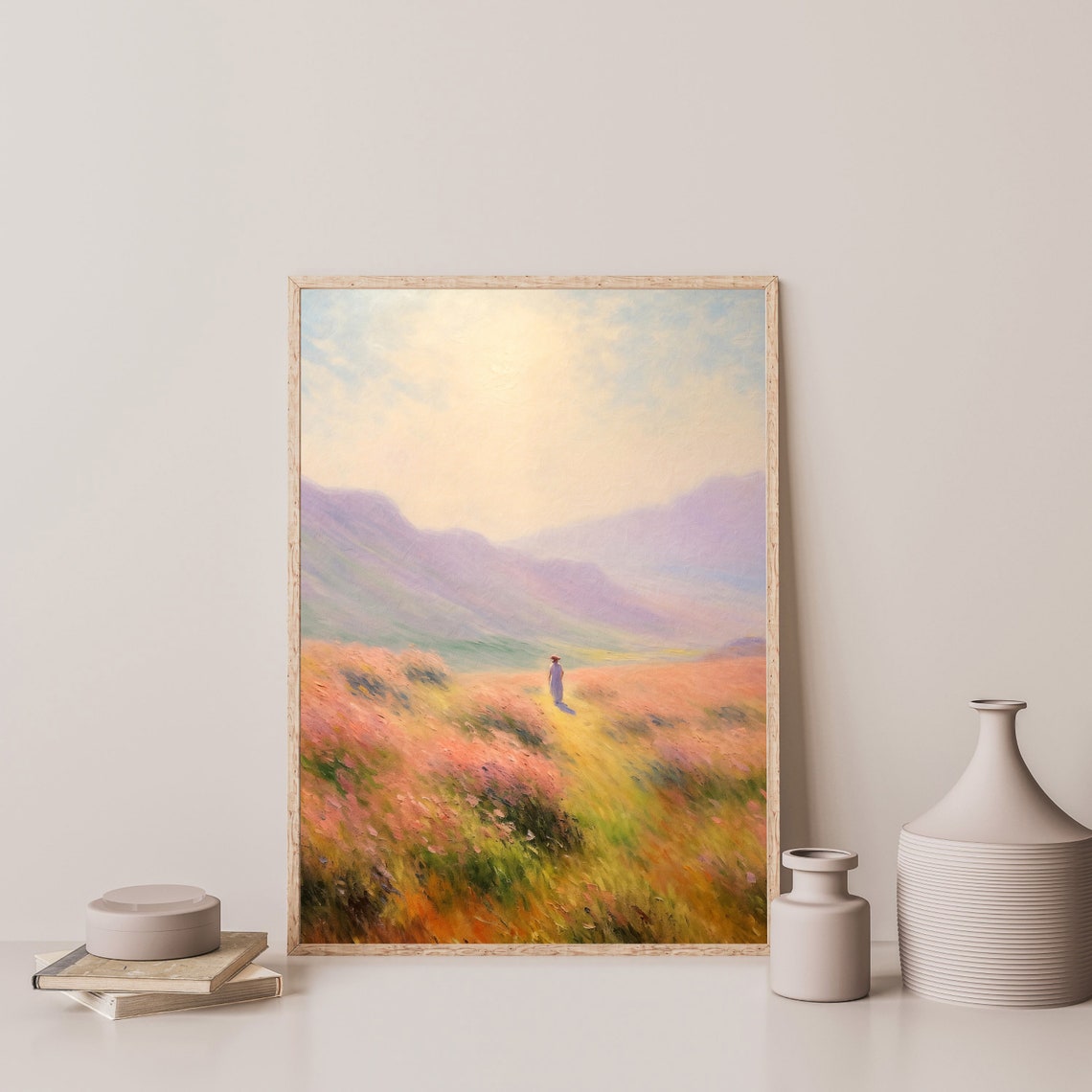 Lone Figure Walking Through Flower Meadow to Mountain Pastel Wall Art - Image 3