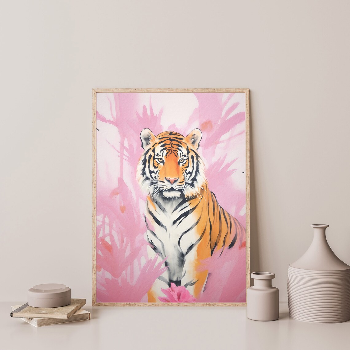 Tiger Pink Botanical Jungle Retro Pastel Wildlife Trendy Aesthetic Art Print - Image 3