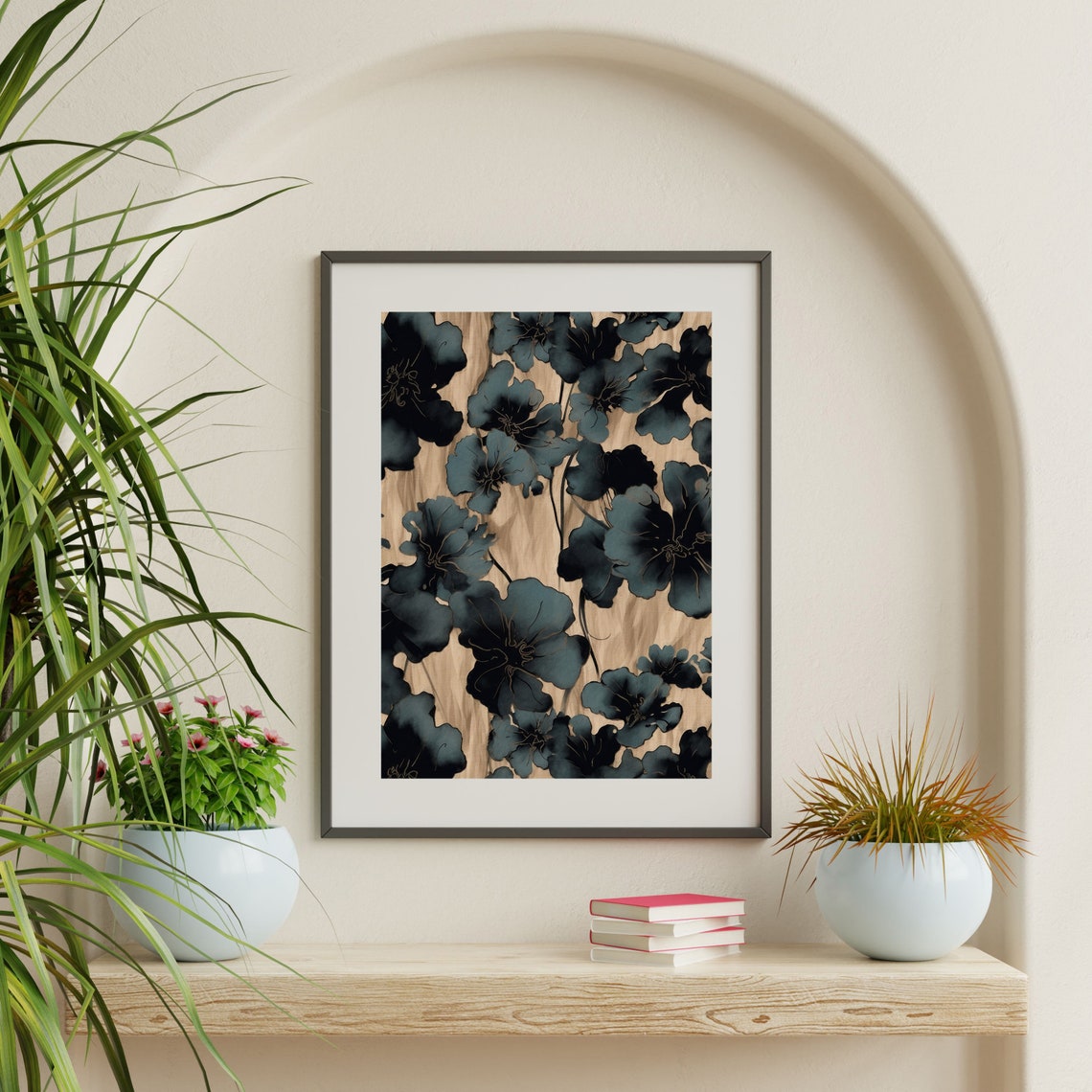 Dark Moody Botanical Floral Pattern Beige Vintage Flower Wall Art - Image 2