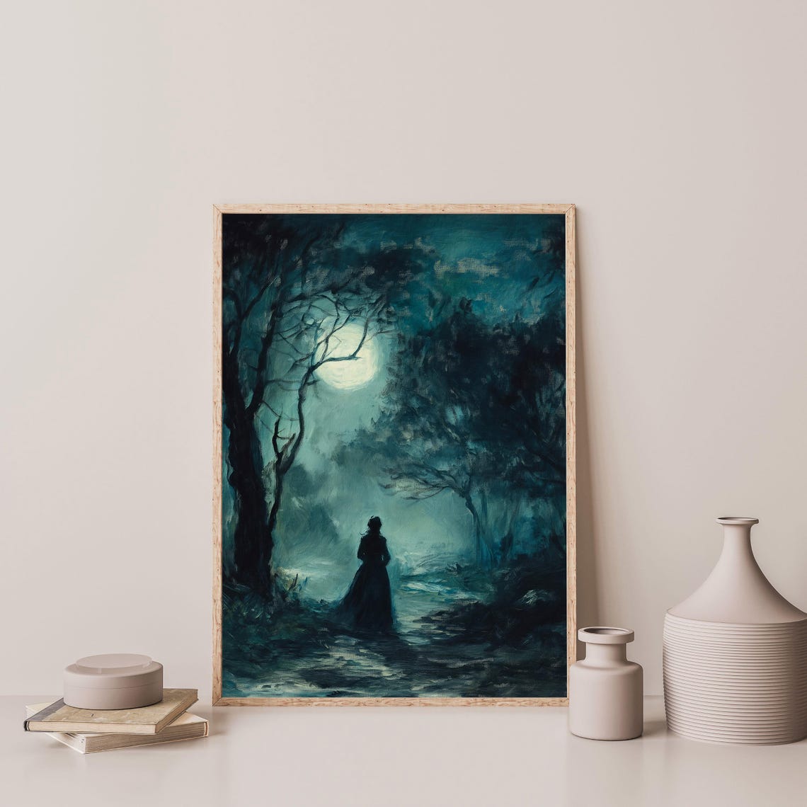 Moonlit Forest Silhouette Figure Gothic Night Landscape Wall Art - Image 3