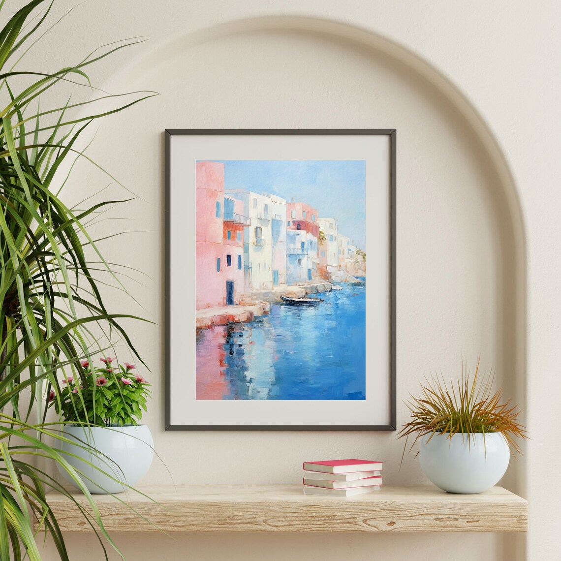 Greek Island Pastel Harbor Waterfront Houses Blue Water Travel Poster - Image 2