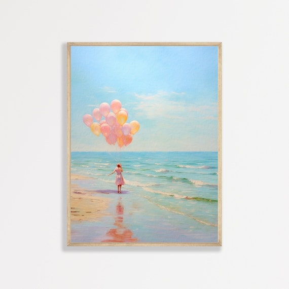 Pastel Beach Seascape, Retro Oil Painting Art Print