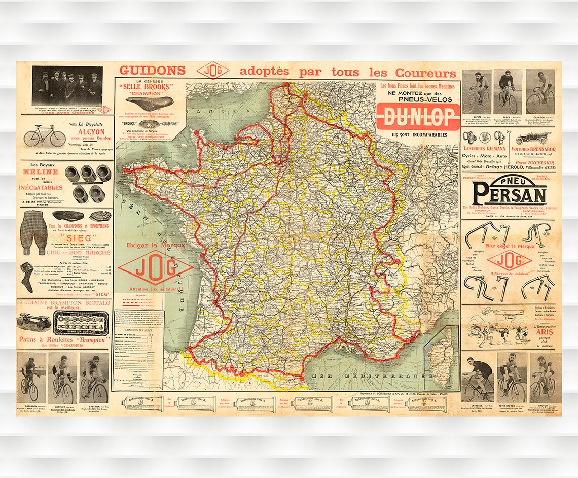 Tour de France Route Map of France Vintage Cycling Ad Poster