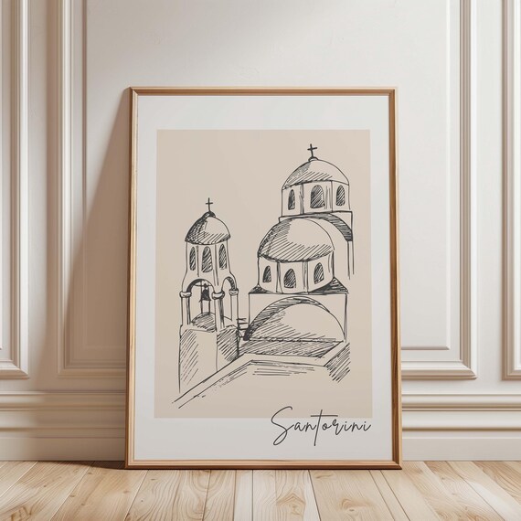 Santorini Greece Church Ink Sketch Hand Lettered Wall Poster