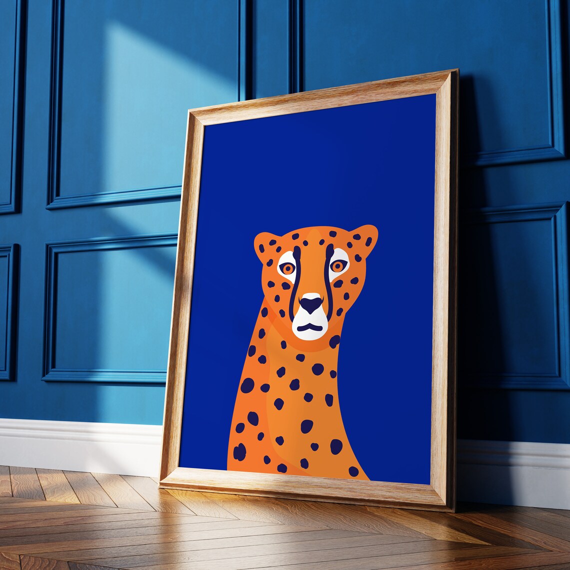 Cheetah Animal Illustration Poster, Royal Blue Print