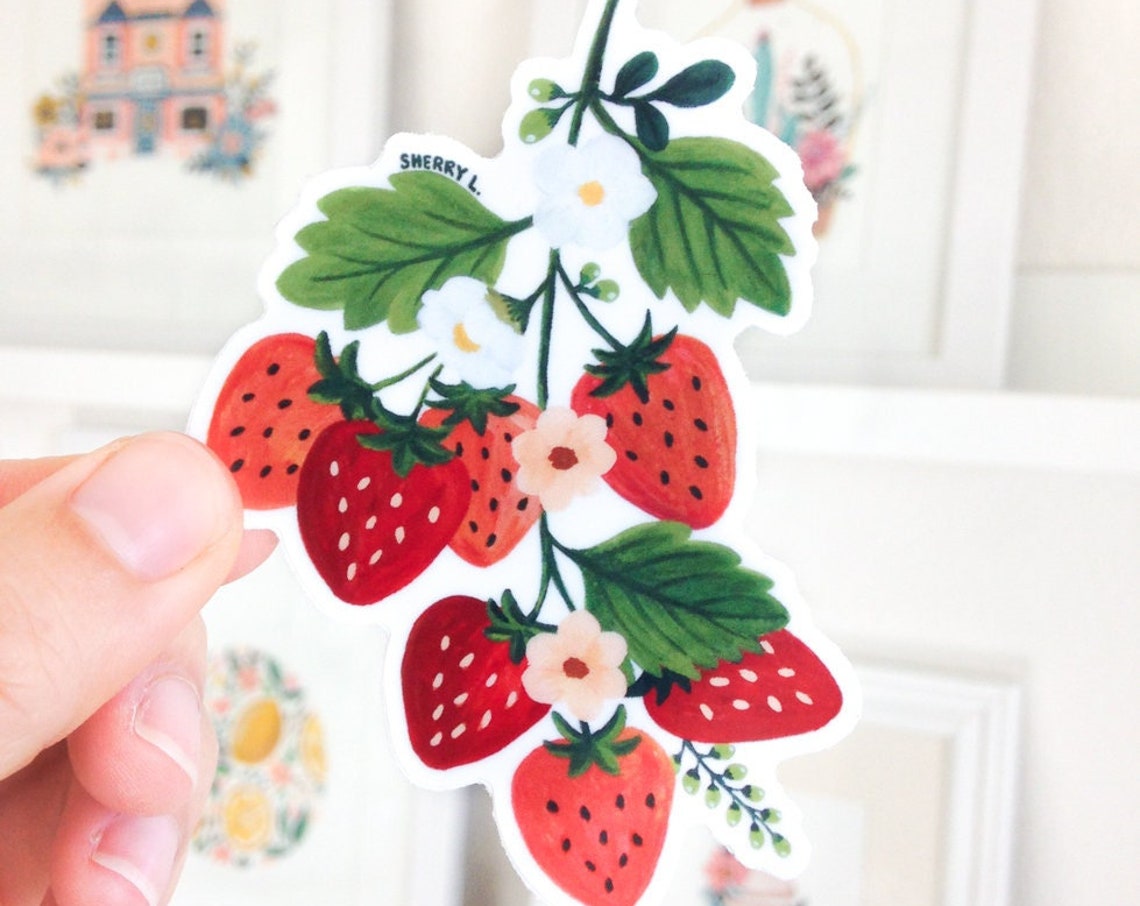 Fresh Strawberry Vine Hand Painted Sticker Style Fruit Art Print