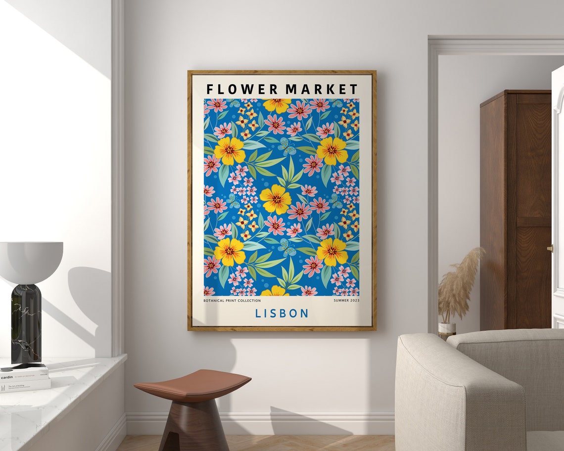 Lisbon Flower Market Print Blue Yellow Flower Market Poster Floral Art Poster Botanical Gallery Wall Boho Flower Market Print F171 - Image 3