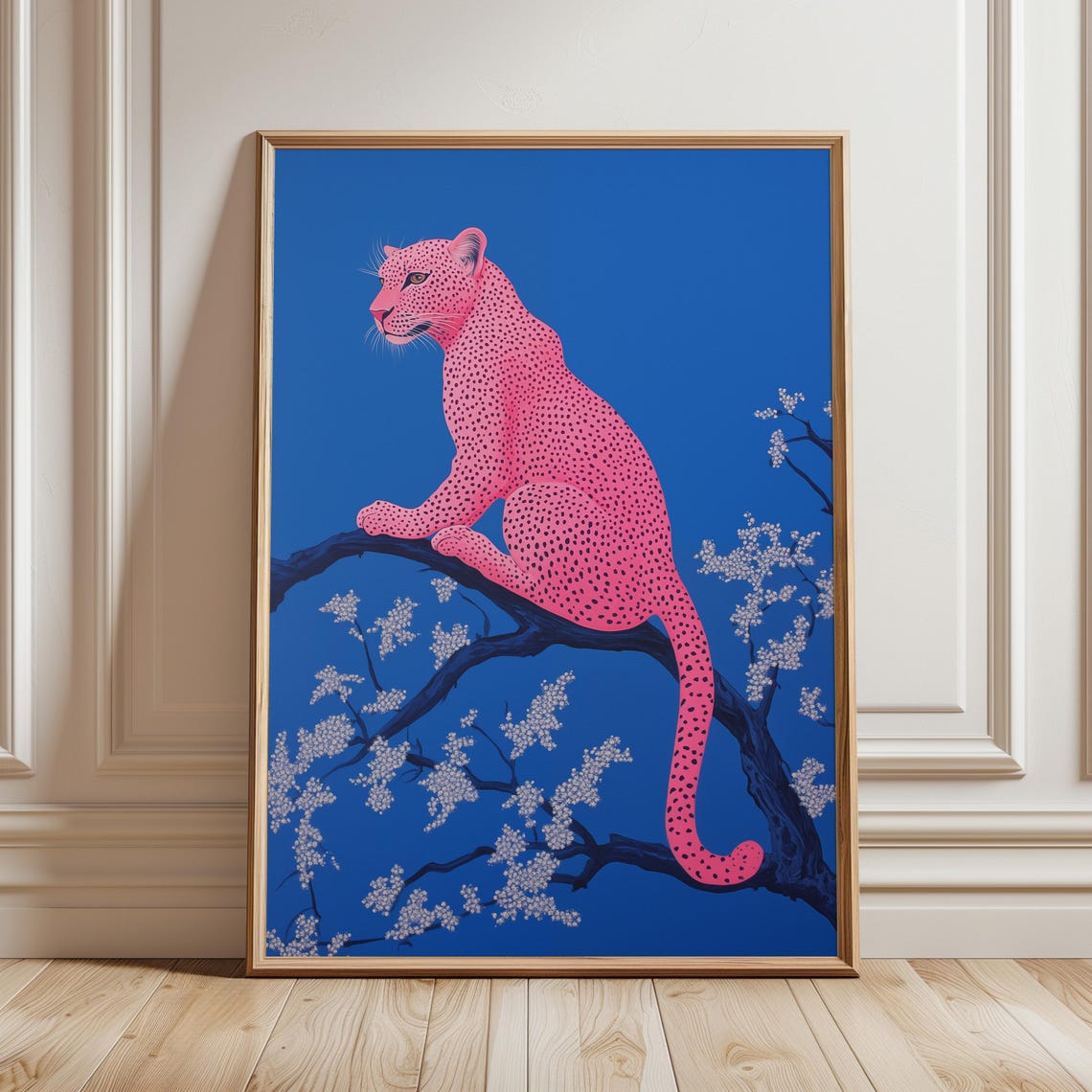 Pink Leopard Poster On Bright Blue Floral Branch Trendy Maximalist Art - Image 2