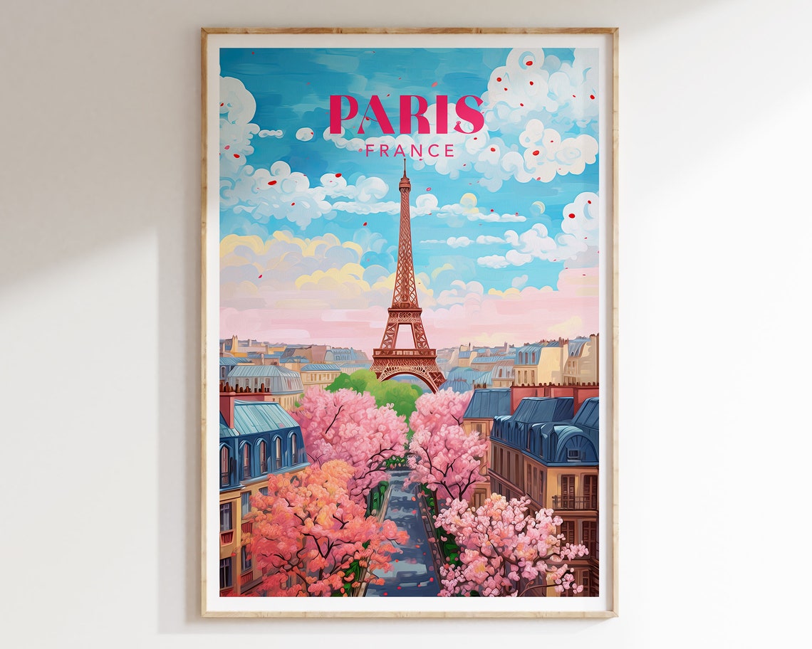 Paris France Eiffel Tower Cherry Blossom Pastel Travel Poster