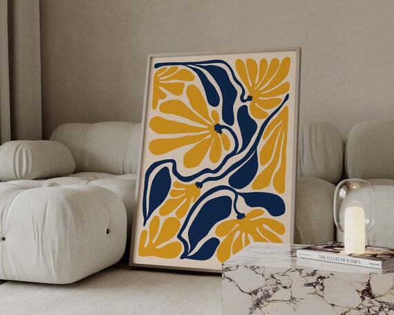 Yellow And Navy Blue Boho Flower Print Matisse Style Flower Poster Wavy Flower Wall Art Trendy Flower Print Bo112