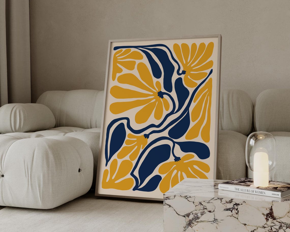 Matisse Style Cutout Floral Gold and Navy Abstract Botanical Poster