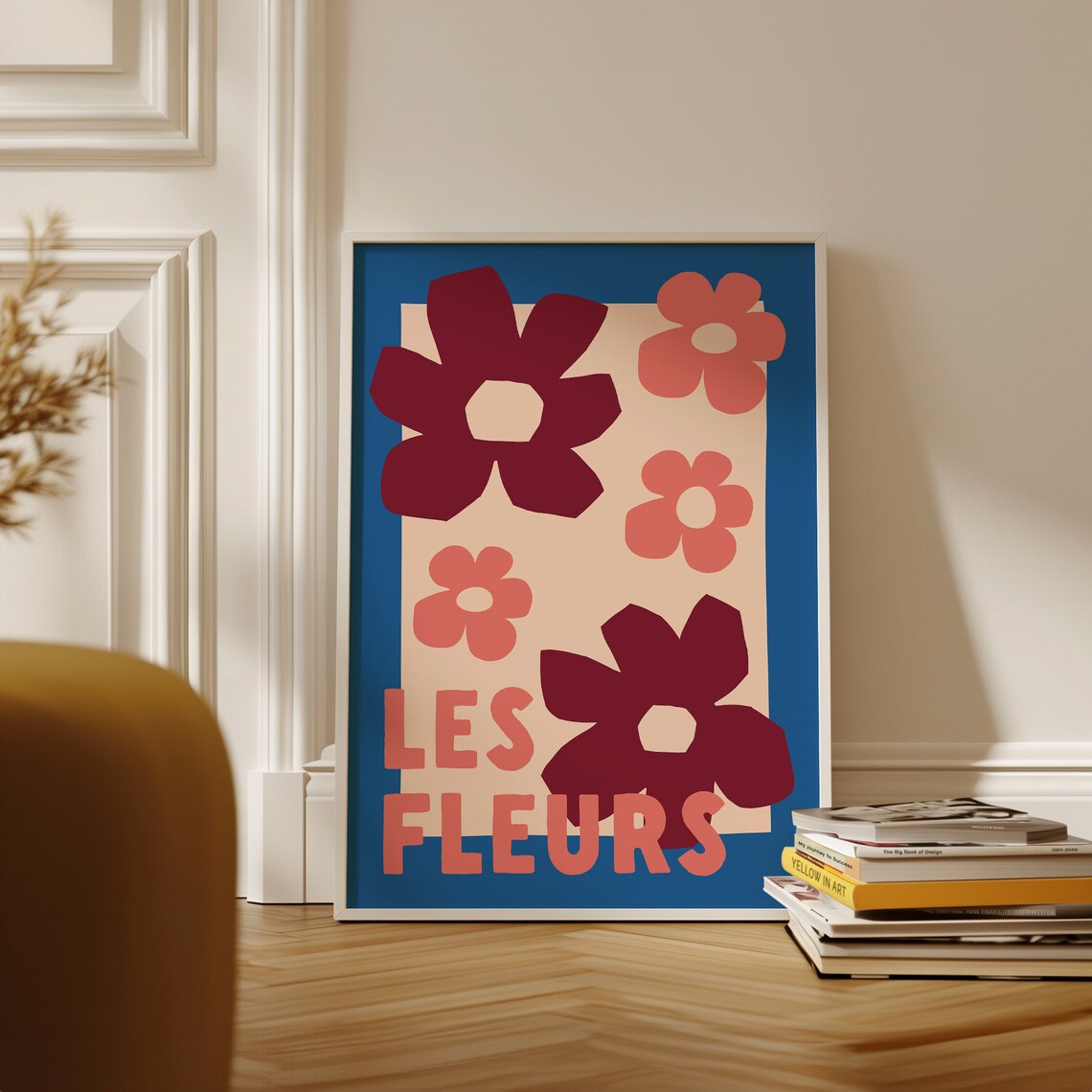 Les Fleurs Burgundy and Coral Blooms Blue Border Floral Art Poster - Image 3