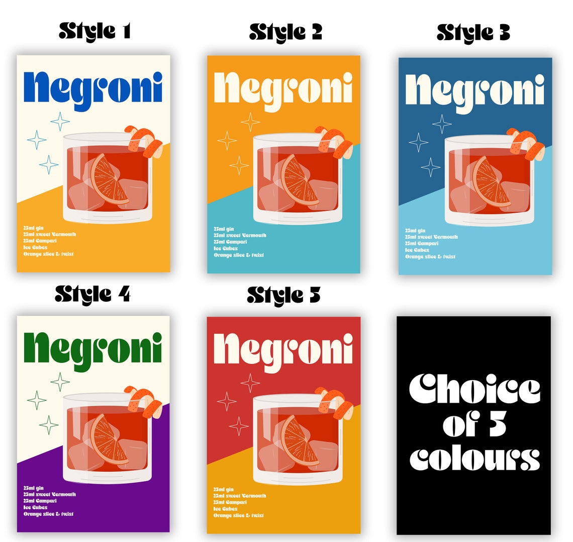 Negroni Vintage Cocktail Recipe Orange Slice Blue Retro Bar Poster - Image 2