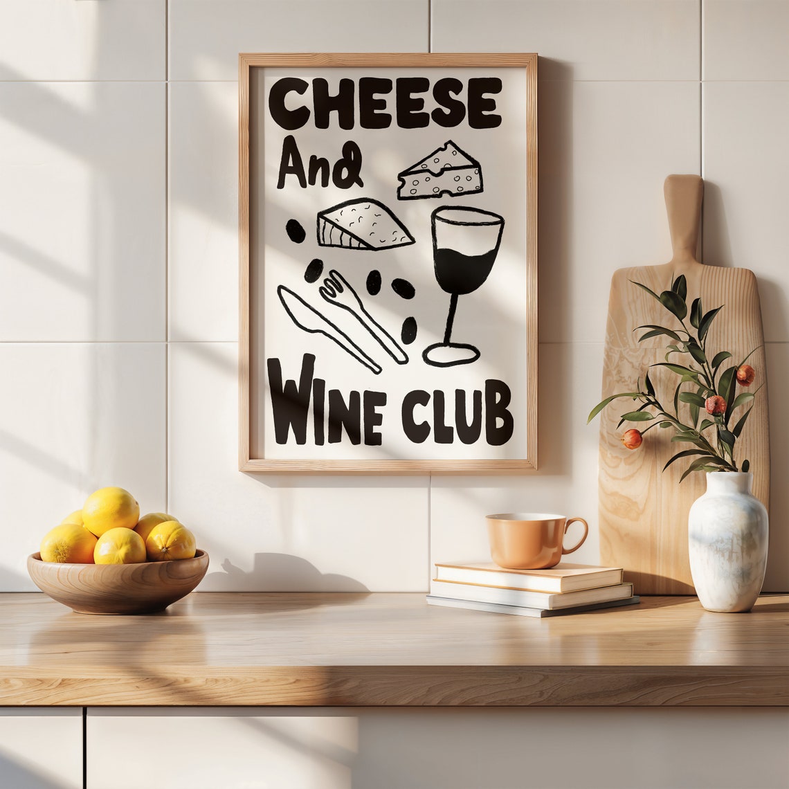 Cheese and Wine Club Black and White Illustrated Kitchen Poster - Image 2