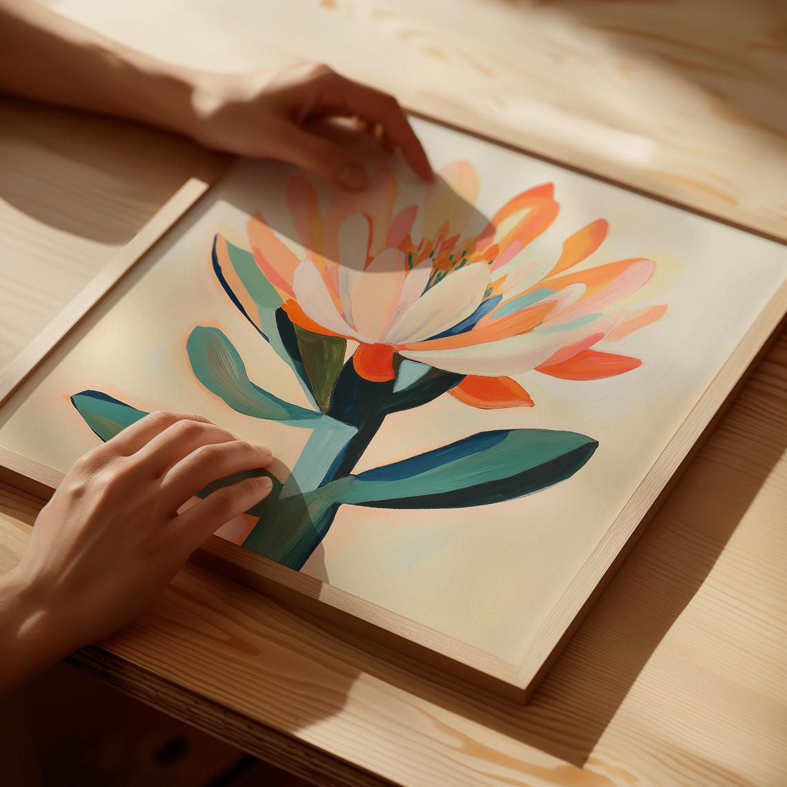 Abstract Orange Flower Bloom Teal Leaves Modern Botanical Art Poster - Image 2