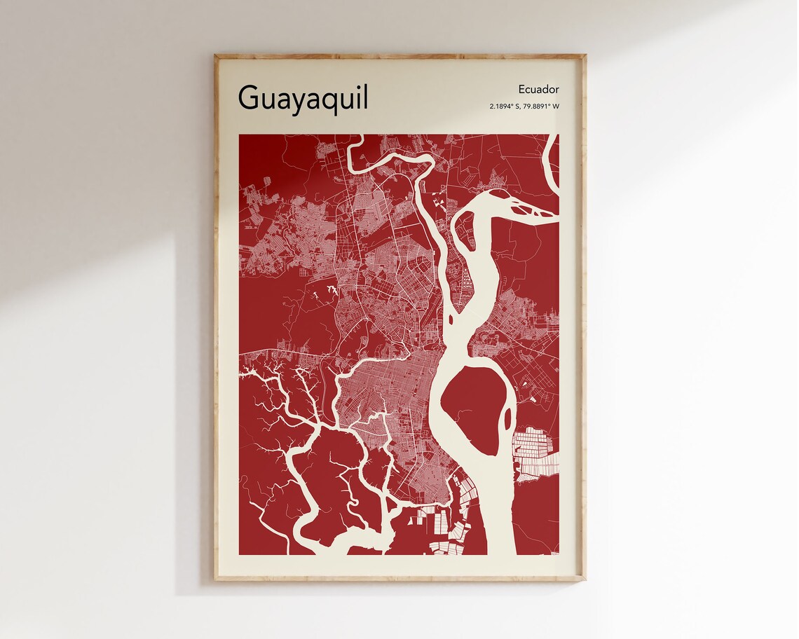 Guayaquil Ecuador Monochrome Crimson River Port City Map Art Poster