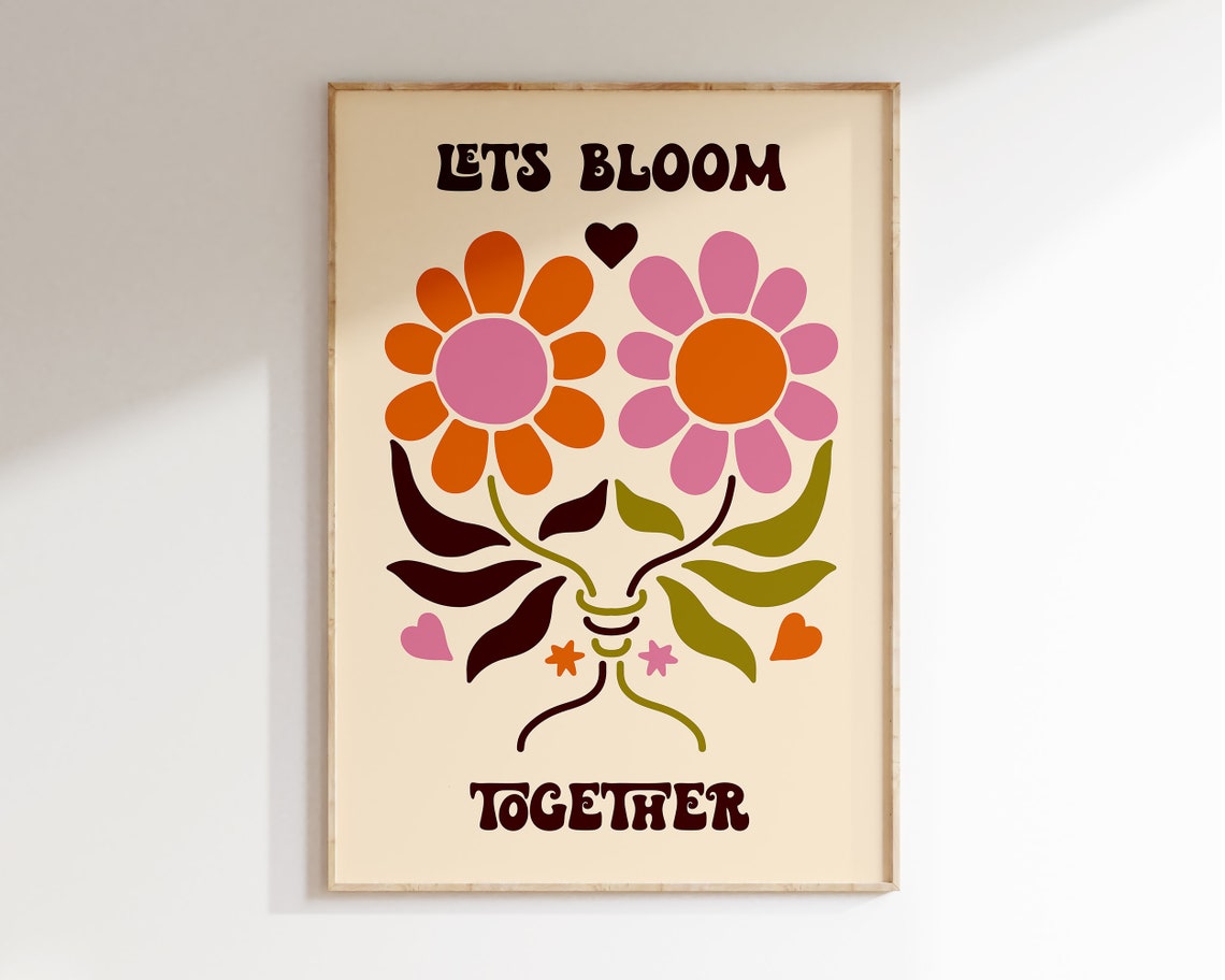 Lets Bloom Together Retro 70s Daisy Floral Art Poster Groovy