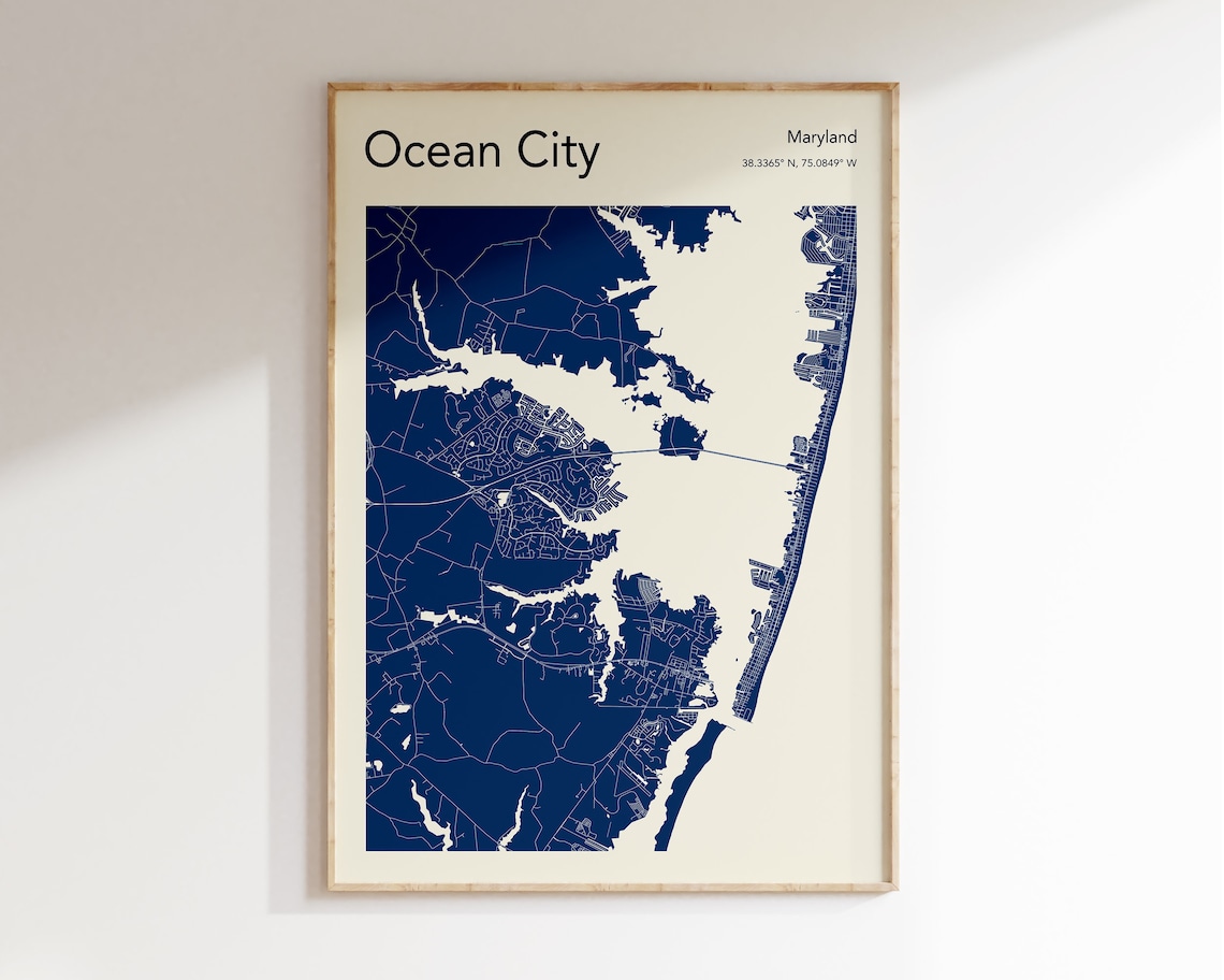 Ocean City Map Print, Coastal Wall Art Poster