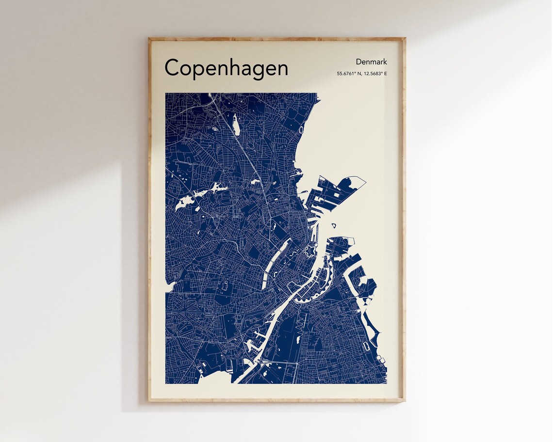 Copenhagen City Map, Travel Poster Wall Art