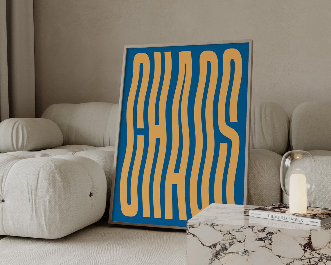Chaos Wavy Typography Yellow Letters On Blue Maximalist Poster - Image 2