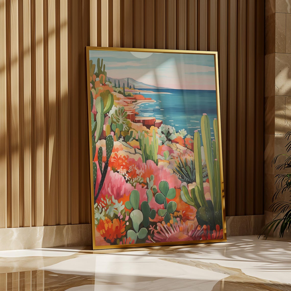 Colorful Cactus Coastline Vibrant Desert Garden Ocean Art Poster - Image 3
