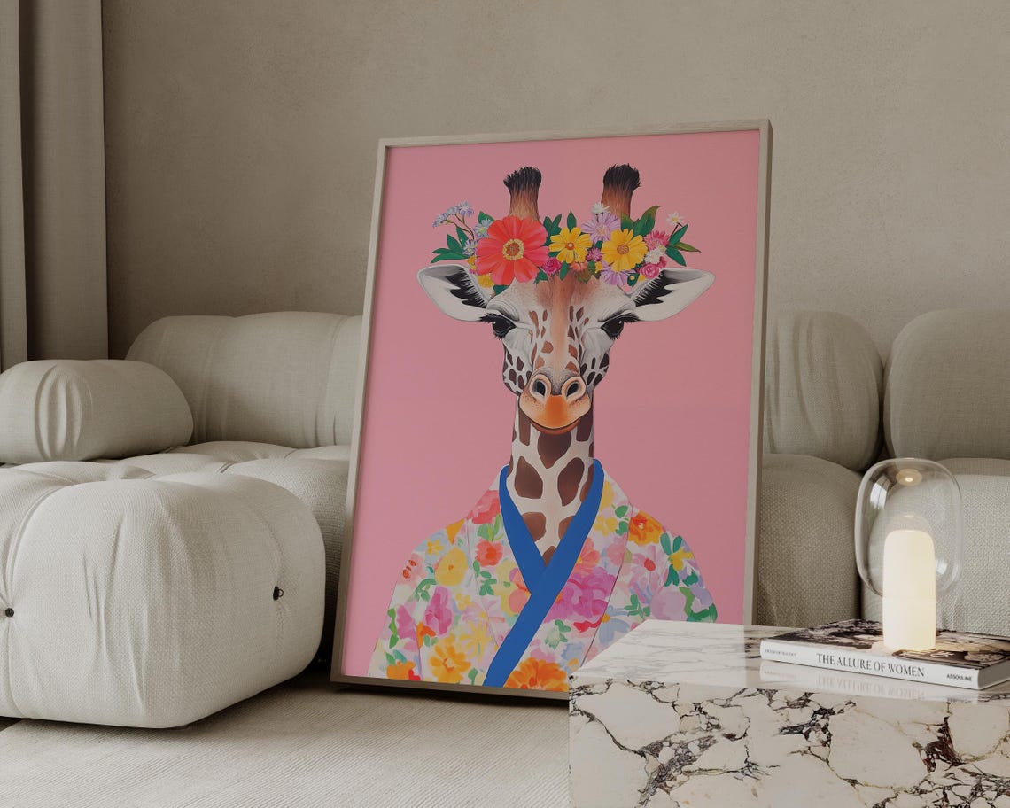 Giraffe With Floral Crown Painting Floral Kimono Maximalist Poster - Image 2