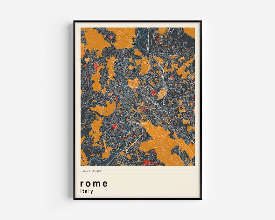 Rome Italy Modern Dark City Map Street Grid Minimal Wall Art