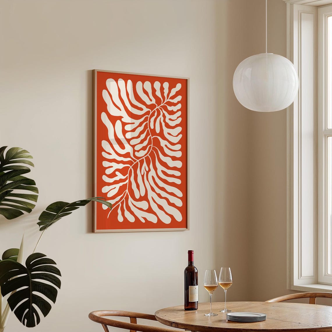 Matisse Style White Botanical Leaf On Red Orange Background Print - Image 2